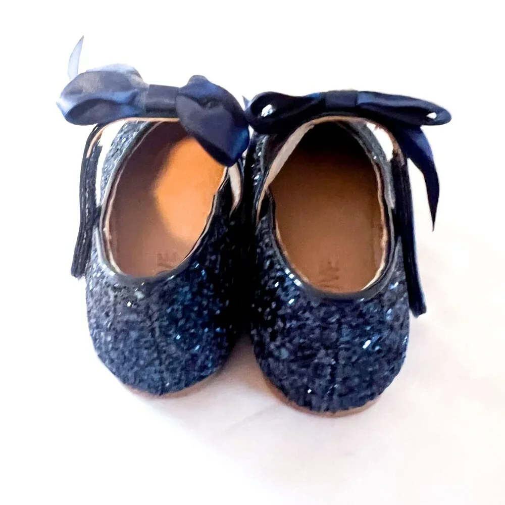 Navy Blue Rock Glitter Mary Jane Flats Toddler Girl Bow Dress Shoes